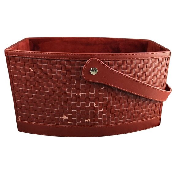 Woven Faux Leather and Wood Basket With Handle - Rectangular Design Deep Red Col - Picture 4 of 14